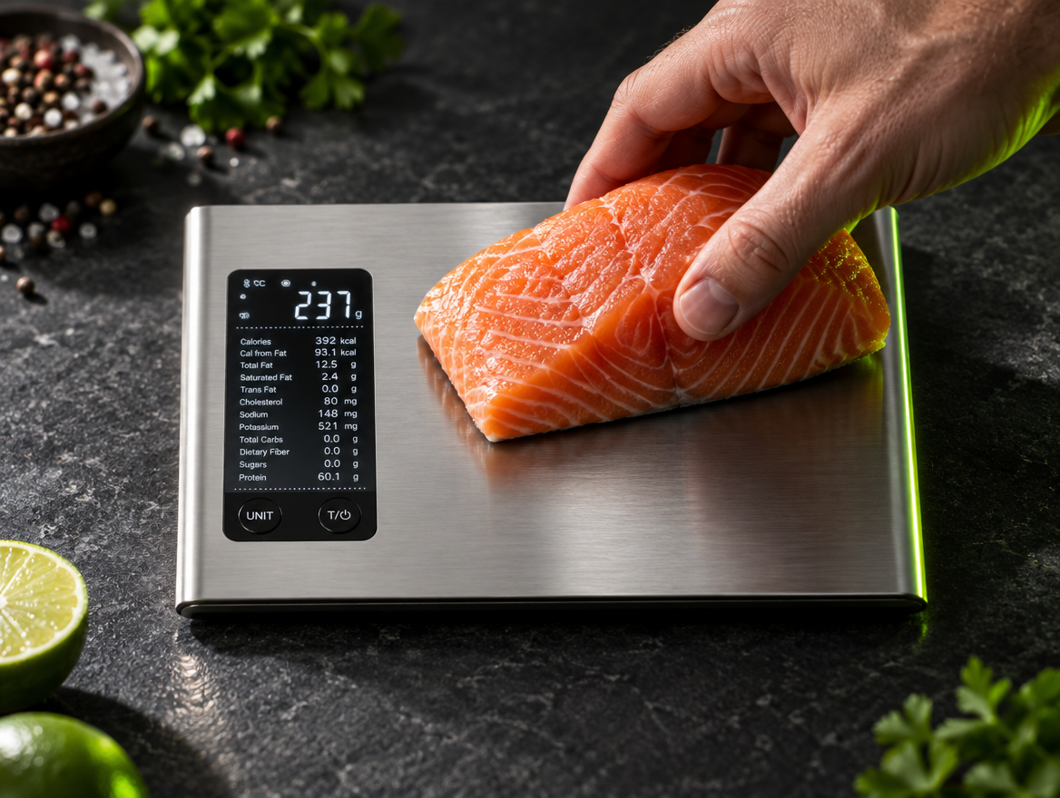 Close-up of the Calore scale showing weight and nutrition on screen