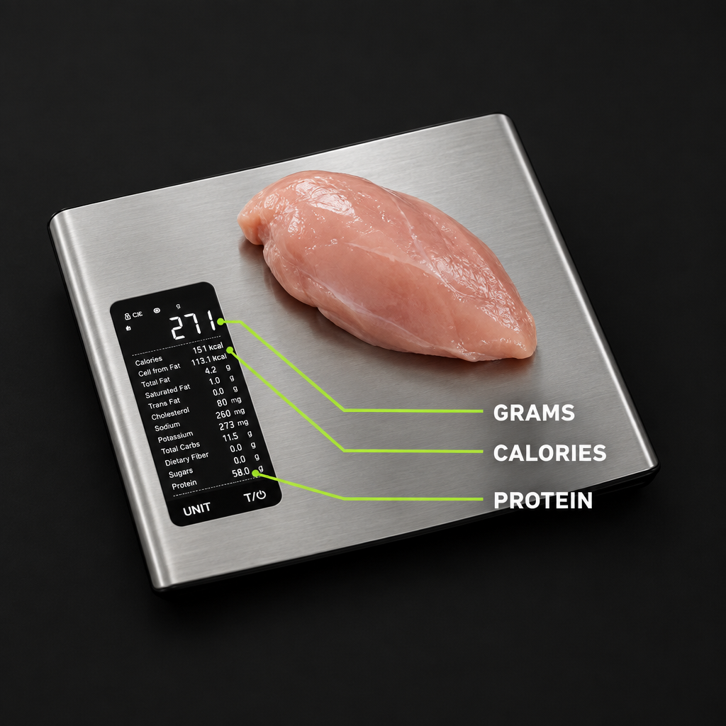 Calore scale screen showing grams, calories and protein for a chicken breast