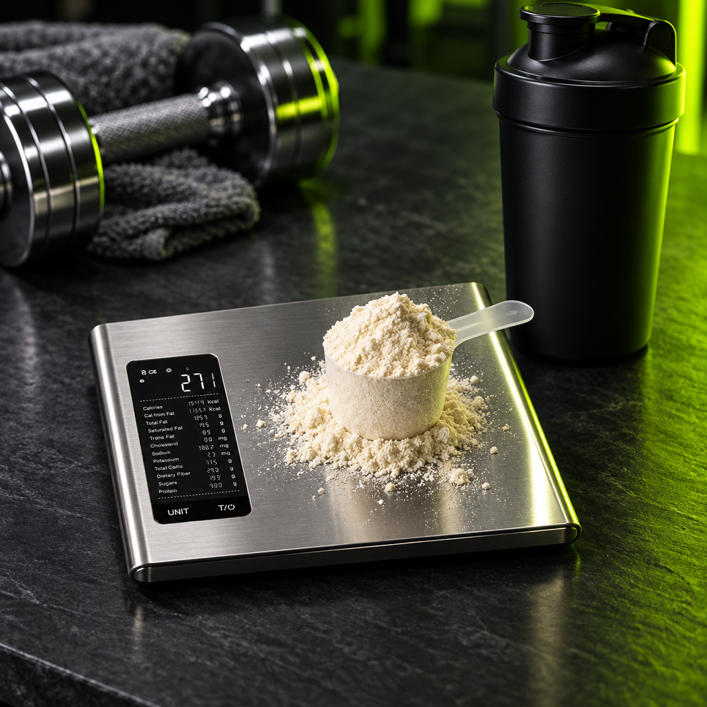 Scoop of whey protein weighed on the Calore scale beside a shaker and dumbbell